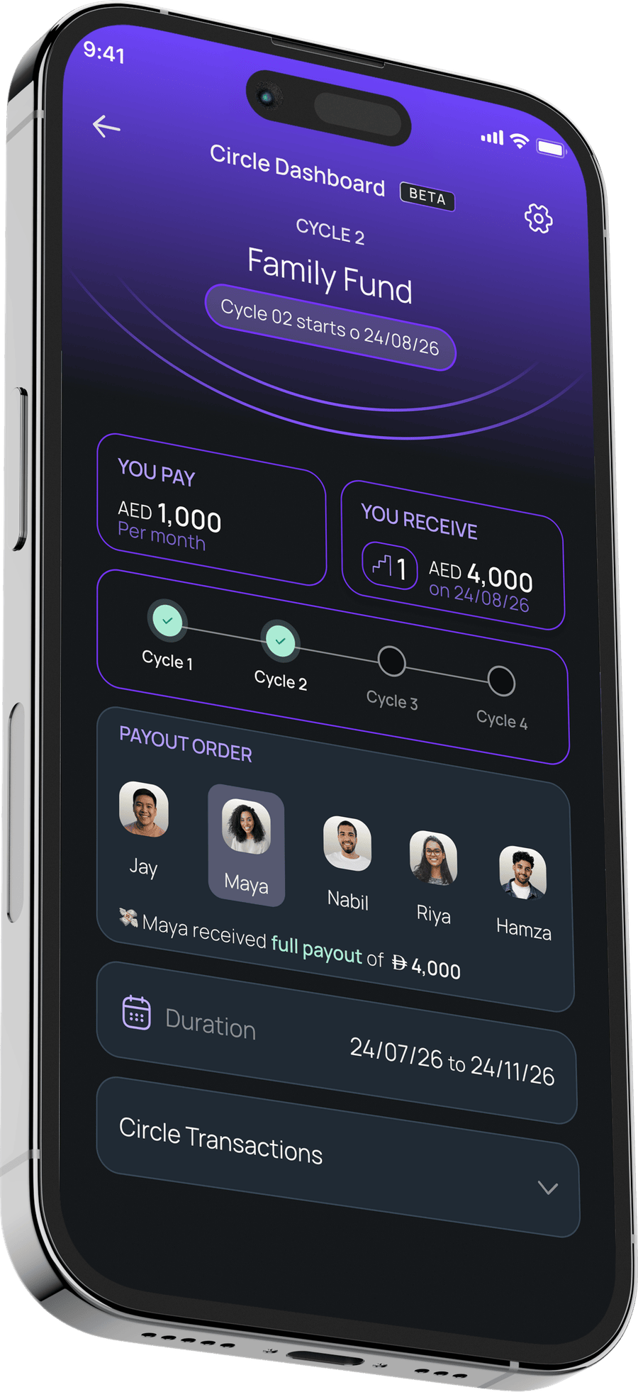 Maly Circle dashboard showing a family savings group in the app