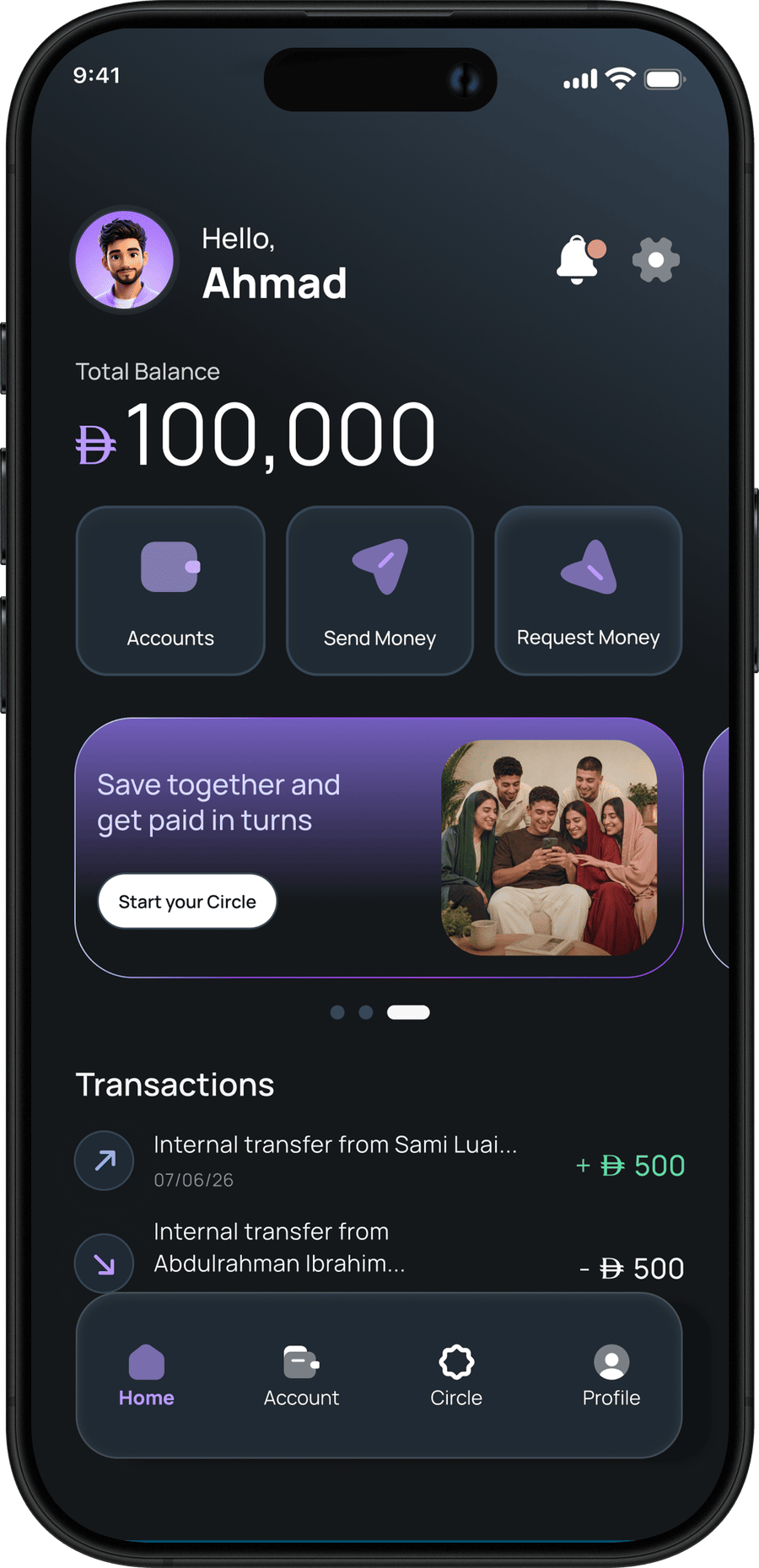 The Maly app home screen showing Ahmad's account balance, quick actions and the Circle group-savings card