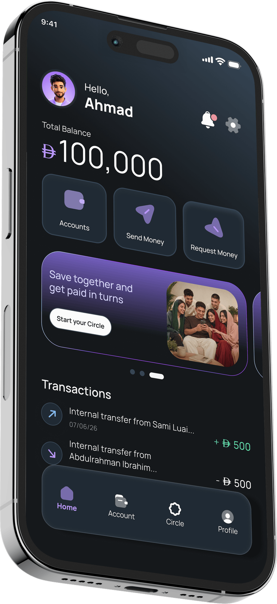 The Maly app home screen showing account balance and quick actions