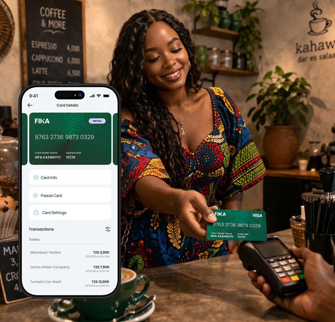 A FIKA customer tapping her FIKA Visa card to pay at a café in Dar es Salaam, with the FIKA app card screen shown alongside