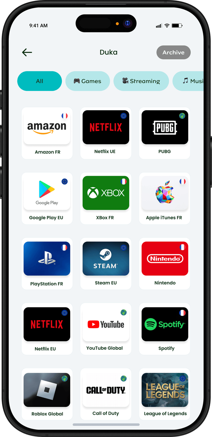 The FIKA app Duka marketplace, showing Netflix, Amazon, PUBG and other digital vouchers priced in TZS