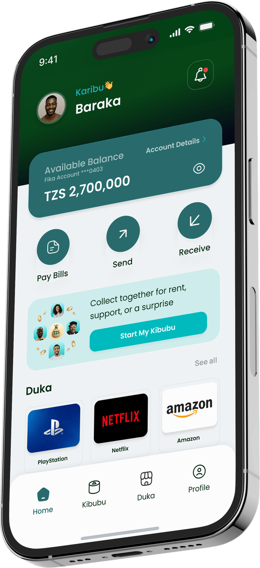 The FIKA app home screen showing Baraka's balance, quick actions and a Kibubu group-savings preview