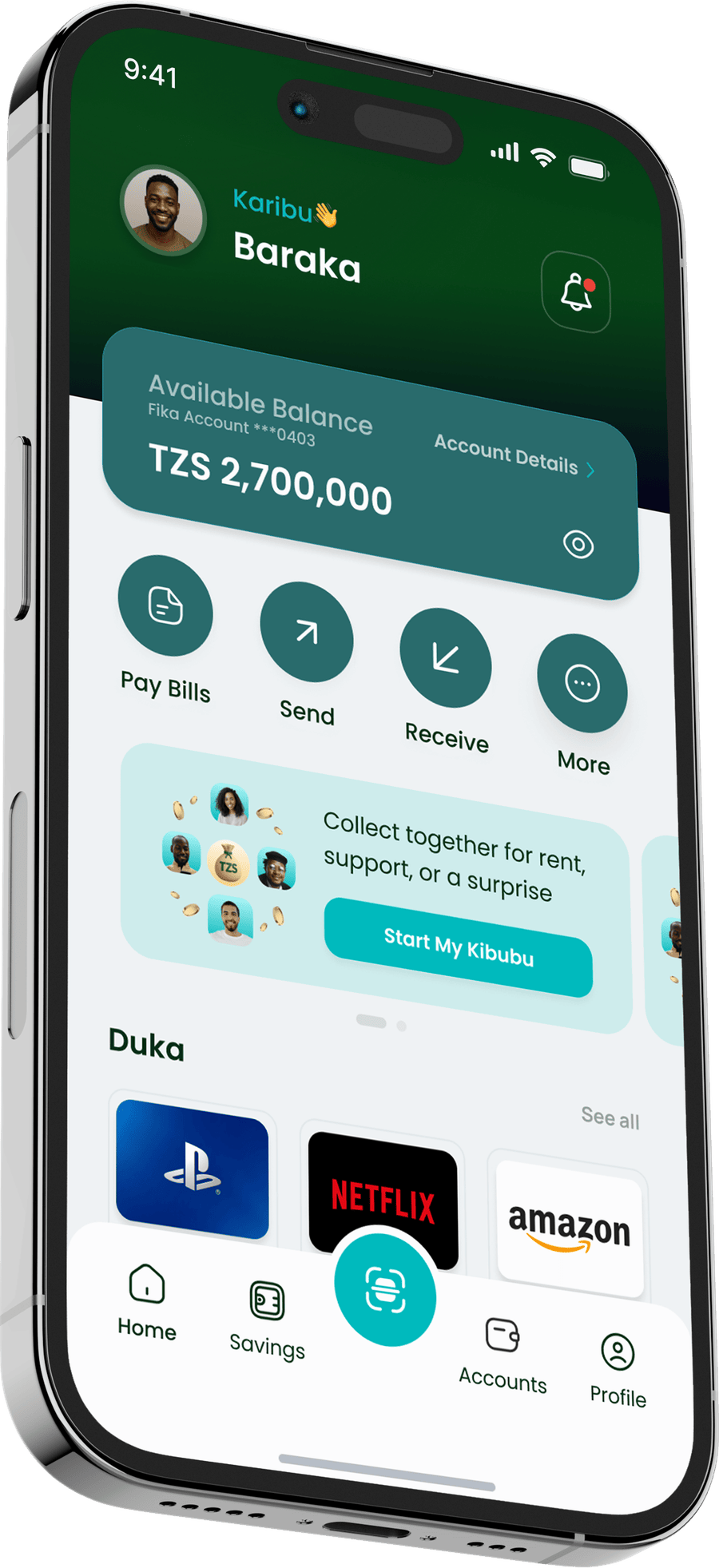 The FIKA app home screen showing Baraka's balance, quick actions, Savings and Accounts