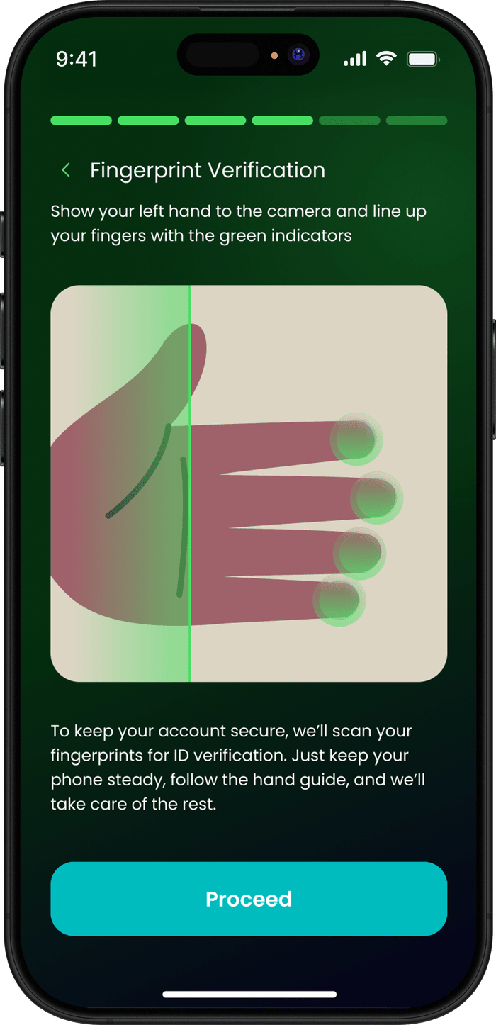 The FIKA app fingerprint verification screen shown during onboarding