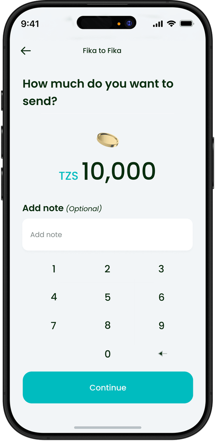 The FIKA app send money screen, entering an amount to send via a Fika to Fika transfer