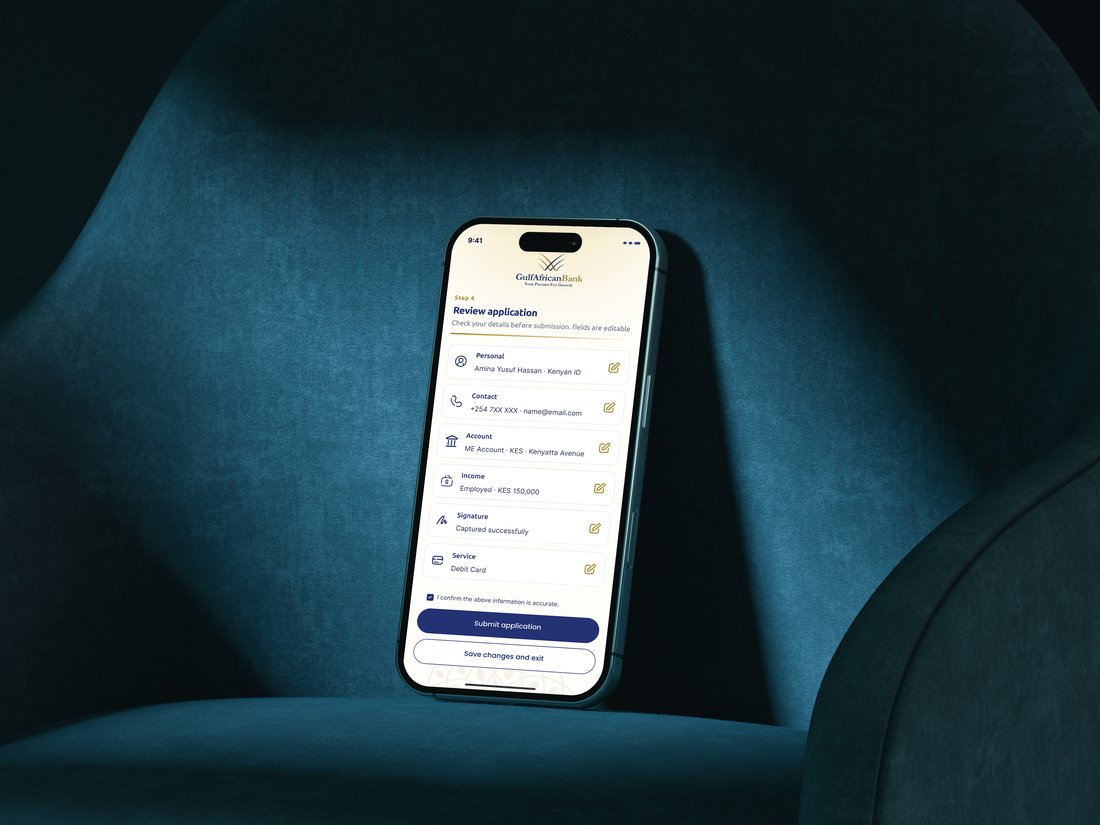 The Gulf African Bank onboarding app on a customer's phone, showing the final review-application step